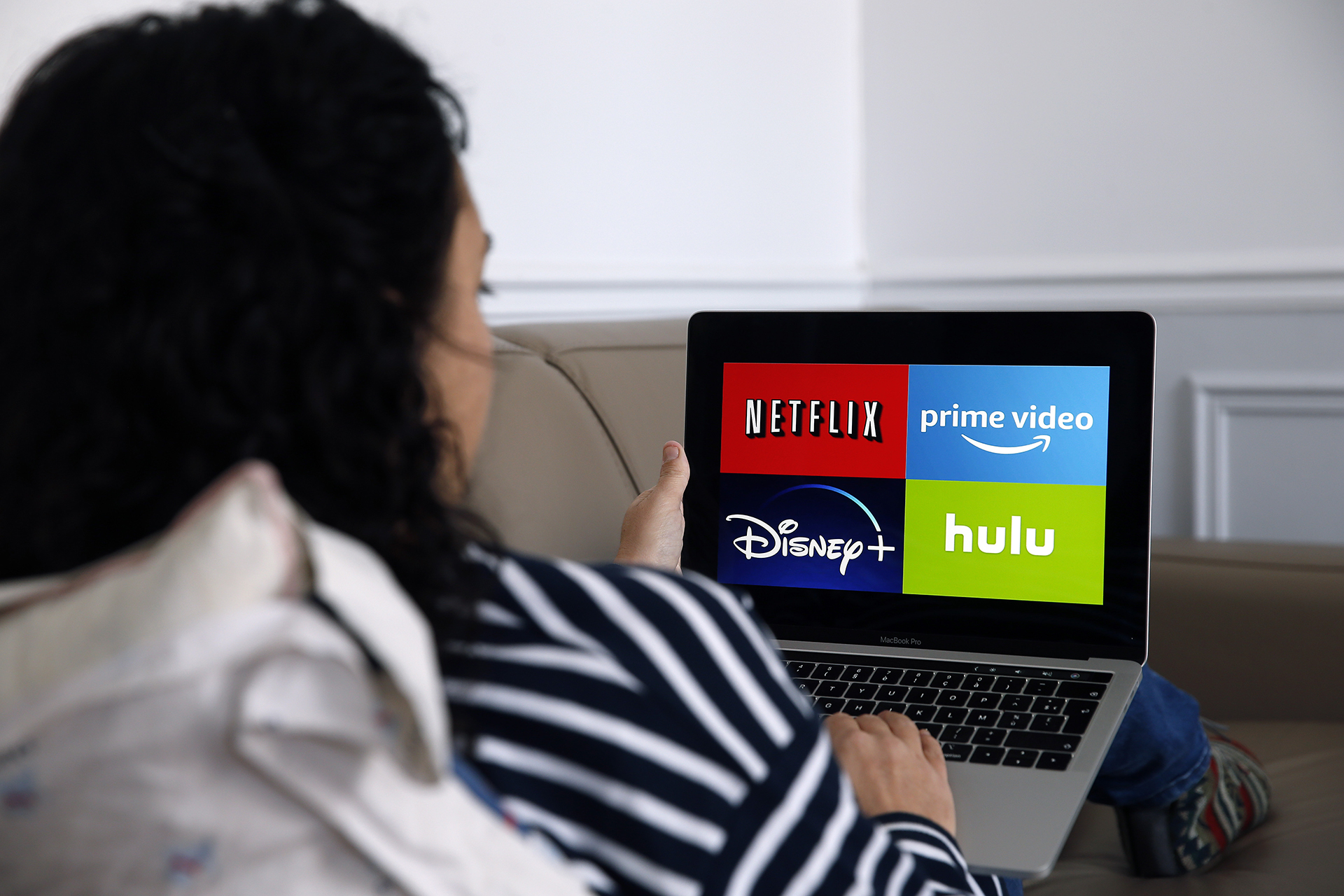 logos of media service providers, Netflix, Amazon Prime Video, Disney + and Hulu