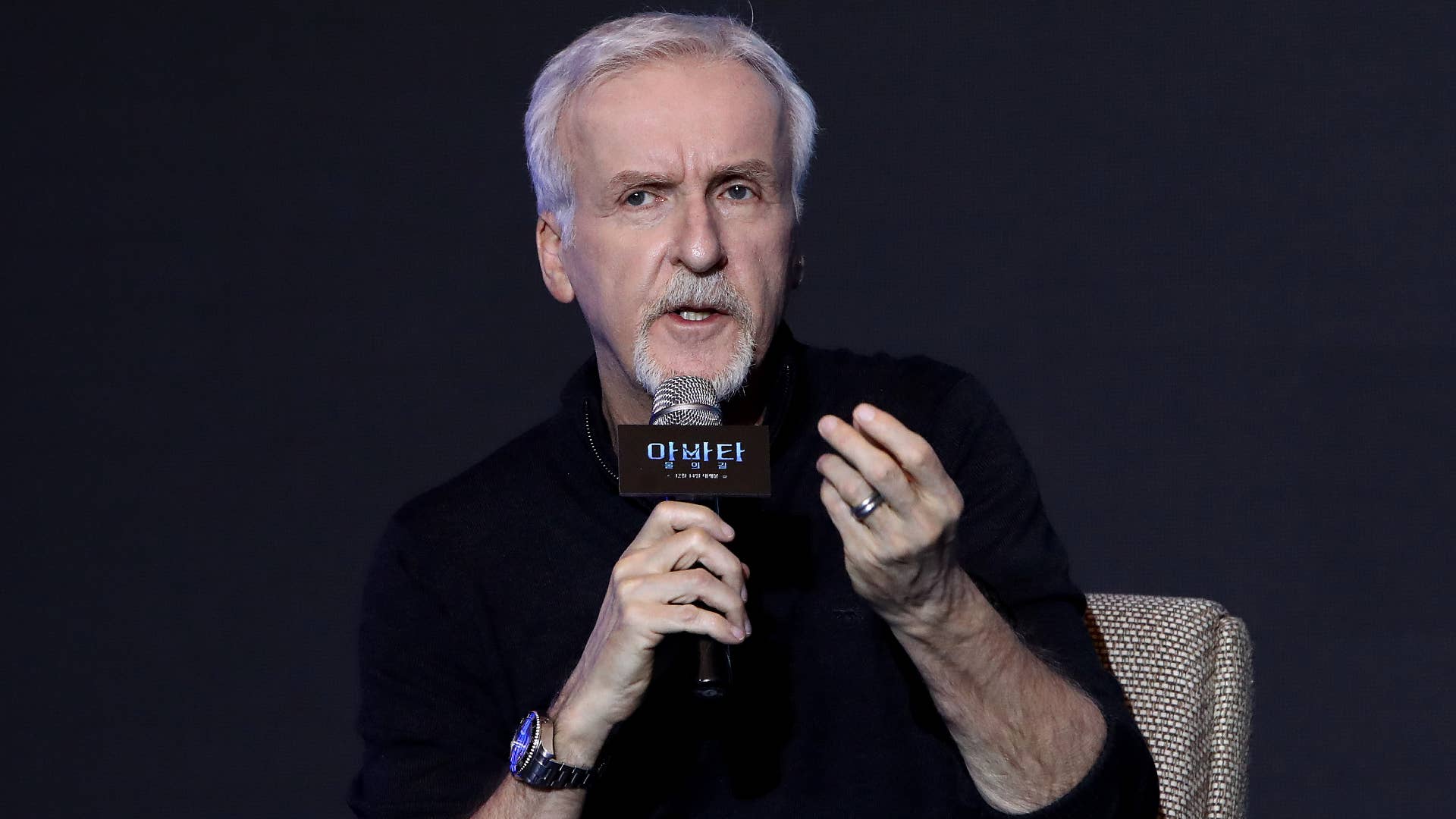 James Cameron is seen speaking at a press event