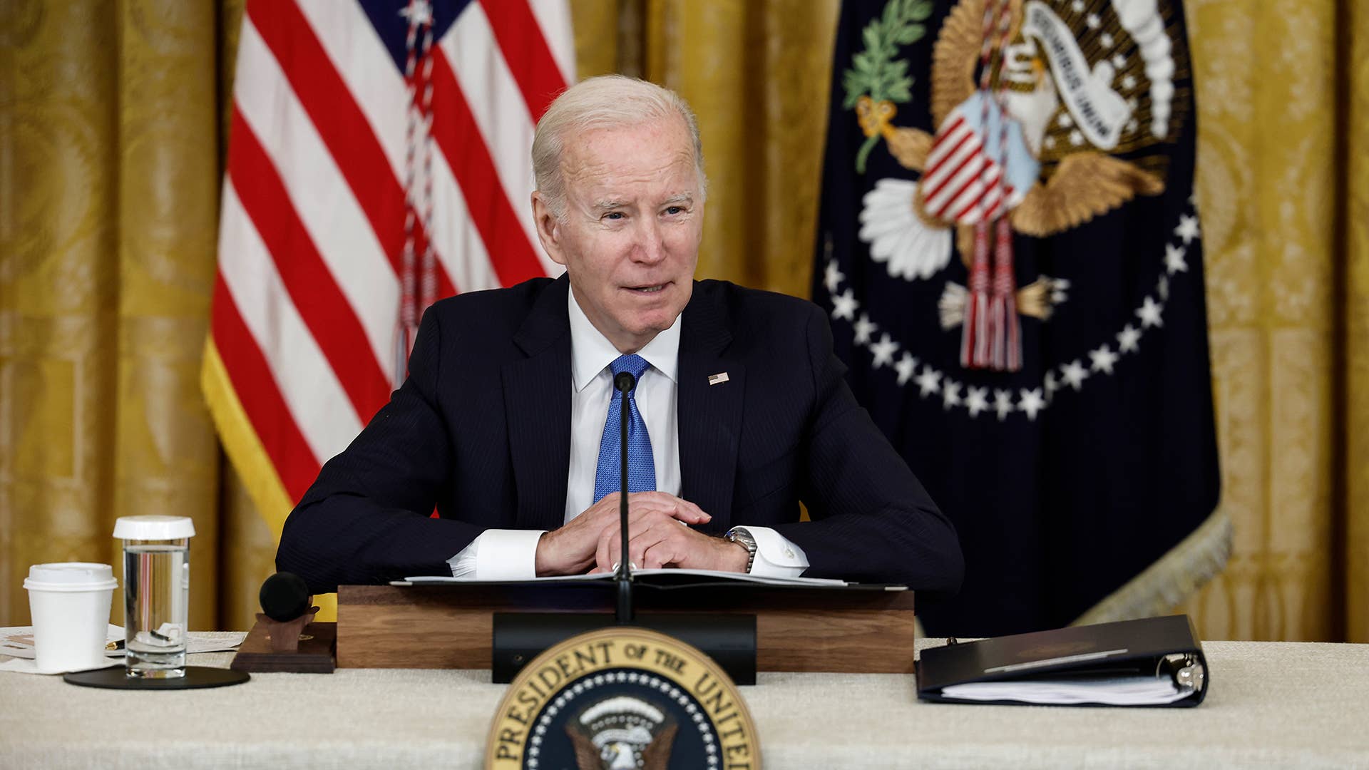 President Joe Biden gives remarks before the start of a meeting with governors