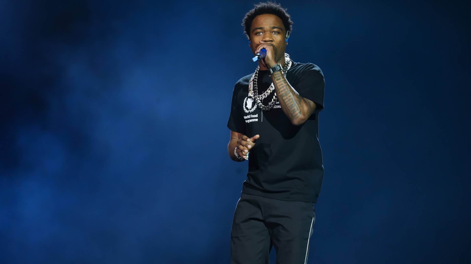 Roddy Ricch performs on stage during the Post Malone Twelve Carat Tour
