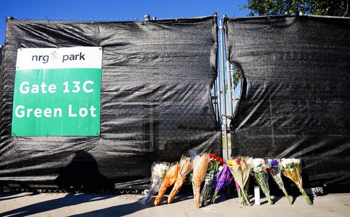 Flowers are seen outside the canceled Astroworld Festival