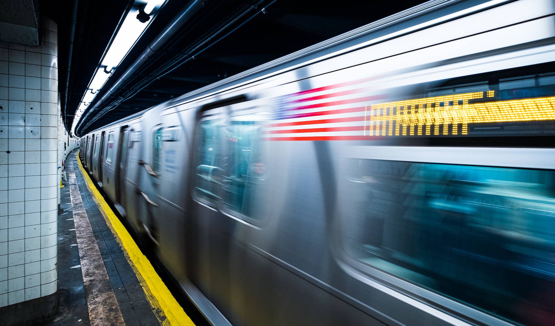 A subway speeds by in New York City