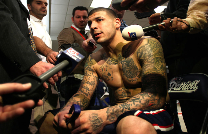 New England Patriots Aaron Hernandez after practice on Jan. 27, 2012