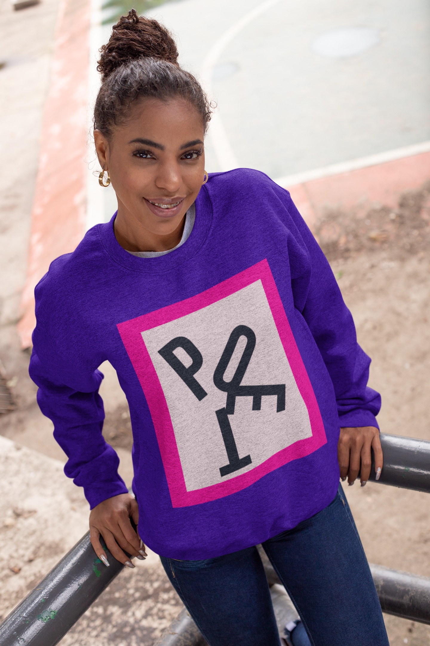 Model in a purple poet hoodie
