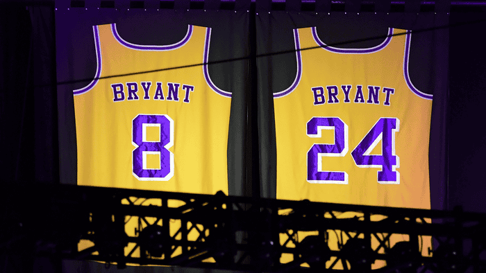 Kobe Bryant jerseys shown at The Staples Center.