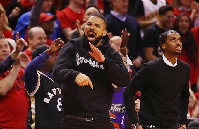 Drake reacts during game six of the NBA Eastern Conference Finals.