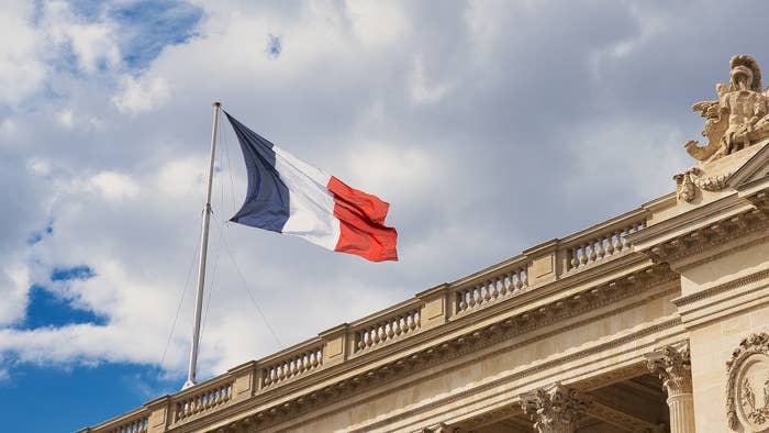 The French flag waving on a palace in the Place of the Concorde in the center of Paris, France