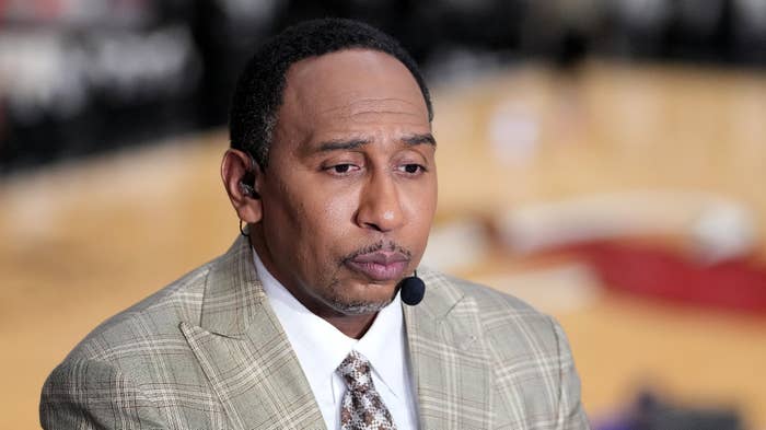 Stephen A. Smith looks on prior to Celtics and Heat in the 2022 NBA Playoffs.