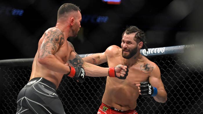 Colby Covington (L) and Jorge Masvidal battle in their welterweight fight during UFC 272.