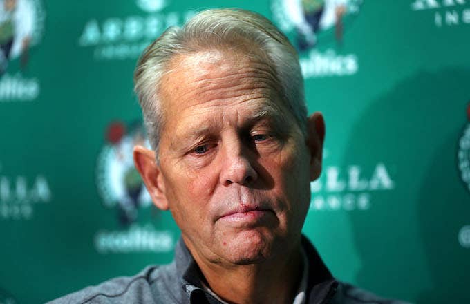 Danny Ainge listens to a reporter&#x27;s question during an open practice at TD Garden.