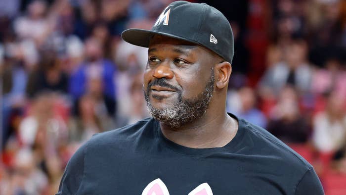 Shaquille O&#x27;Neal looks on during the game between the Miami Heat and the Philadelphia 76ers