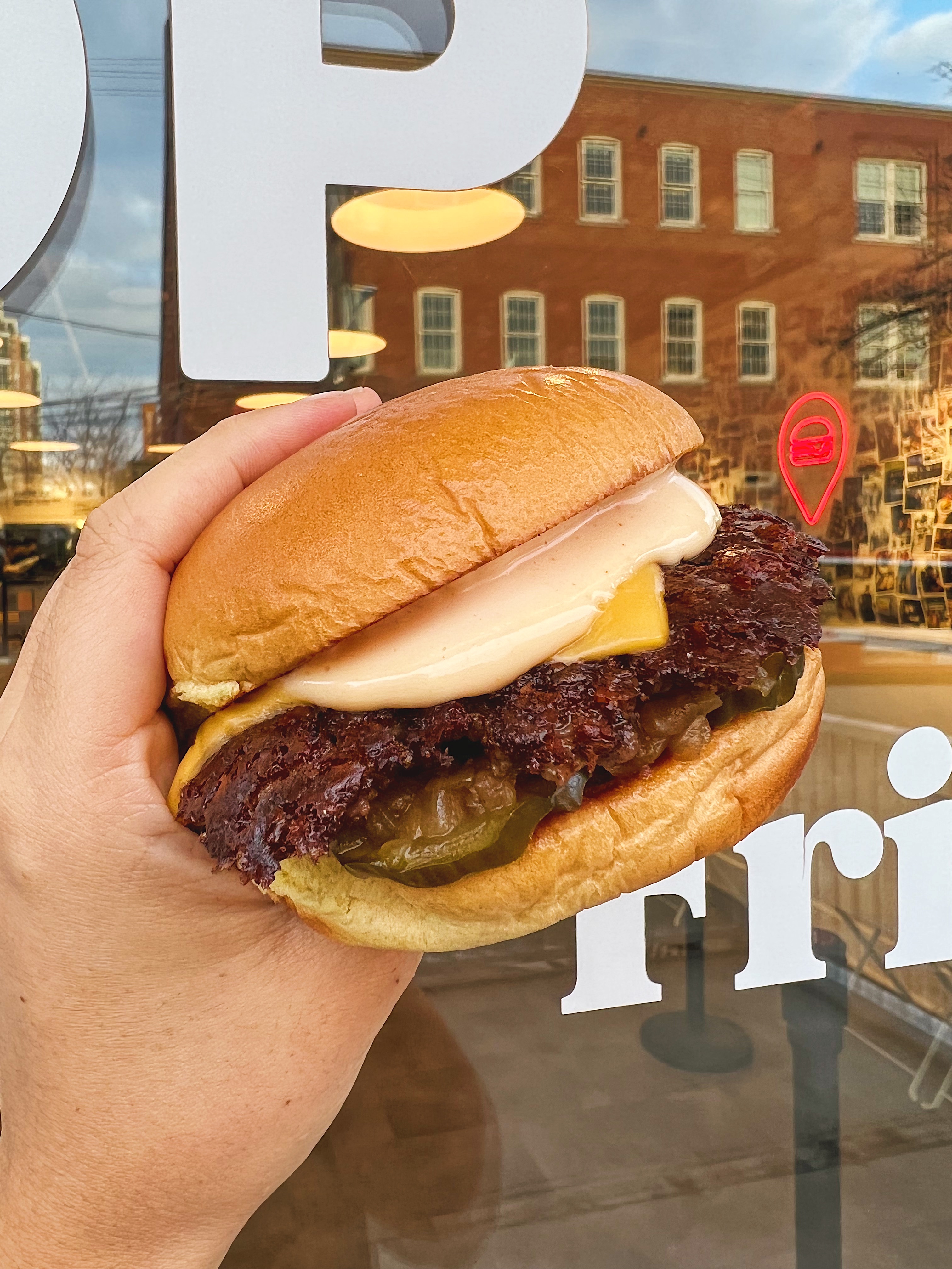 a hand holding a burger