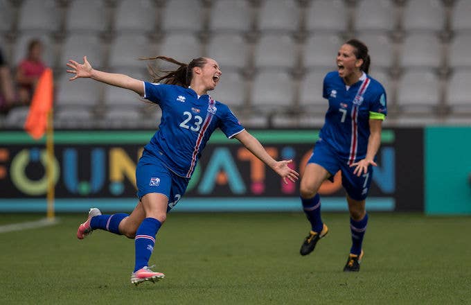 Fanndis Fridriksdottir scores a goal for Iceland in UEFA Women's soccer game.