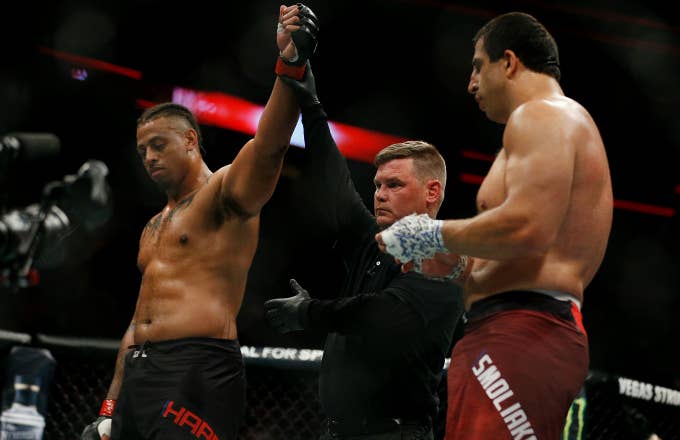 Greg Hardy reacts after defeating Dmitrii Smoliakov