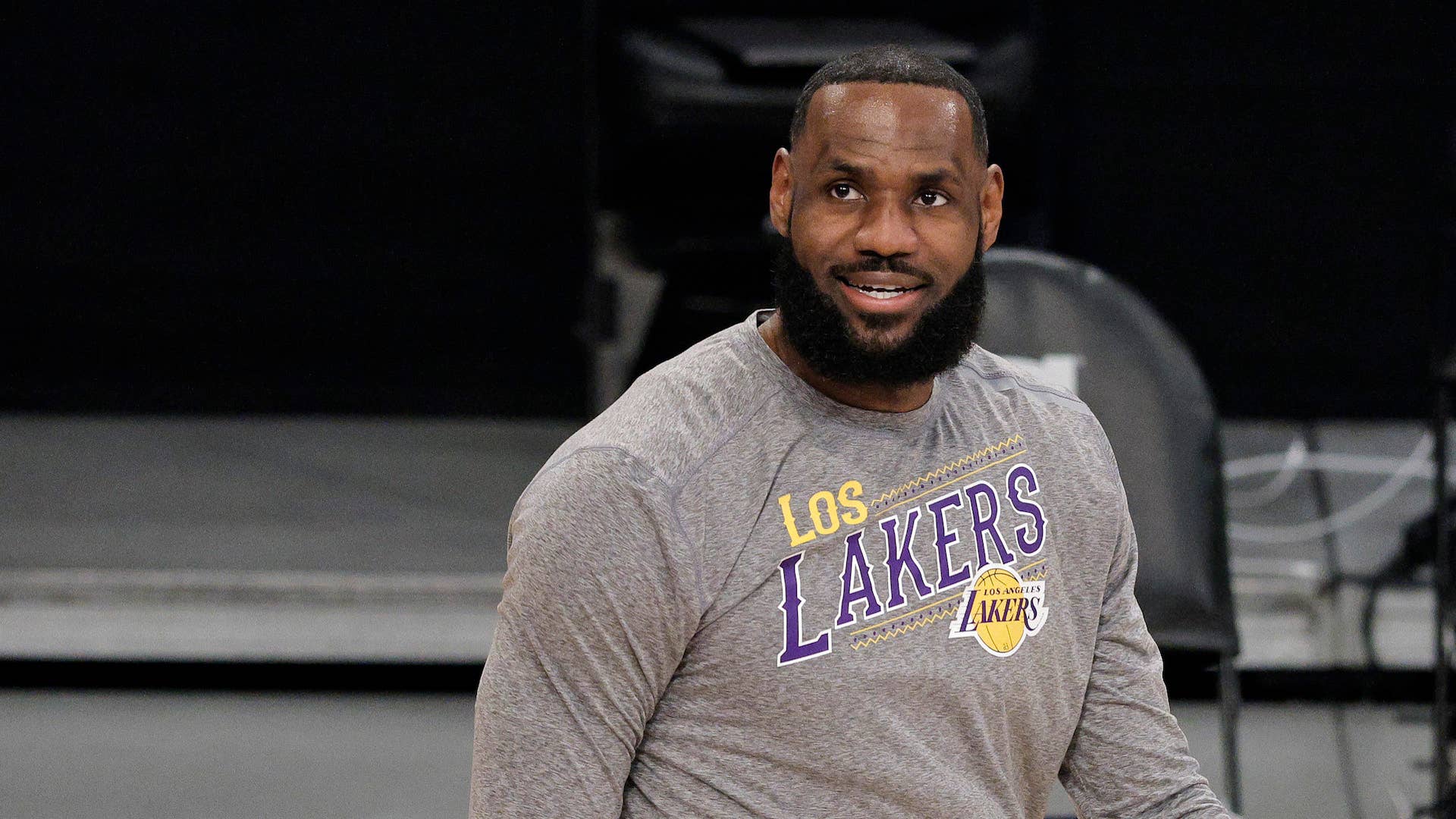 LeBron James #23 of the Los Angeles Lakers warms up prior to a game