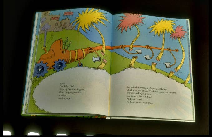 Pages of Dr. Seuss's children's book re saving trees, 'The Lorax.'