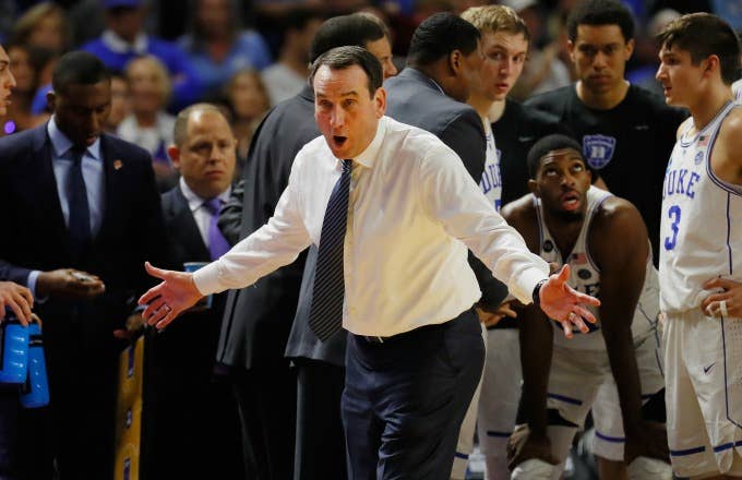 Mike Krzyzewski reacts to a call during a Duke/South Carolina game.