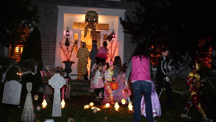 Children trick or treating on Halloween night in New Canaan, Connecticut.