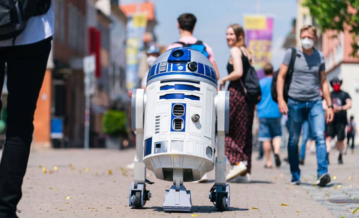 A remote-controlled replica of the Star Wars astromech droid R2-D2