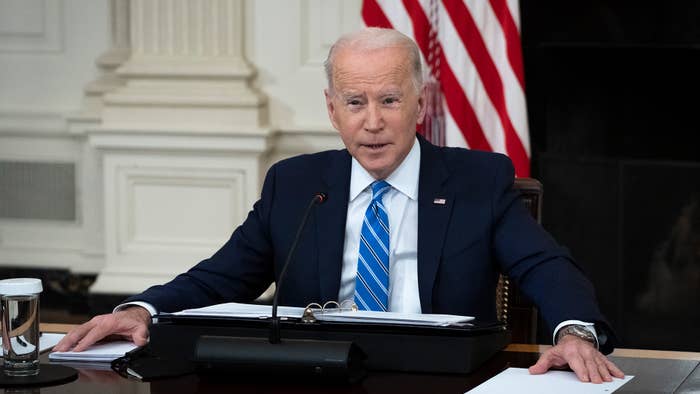 Joe Biden speaks during a meeting with private sector CEOs in the State Dining Room of the White House