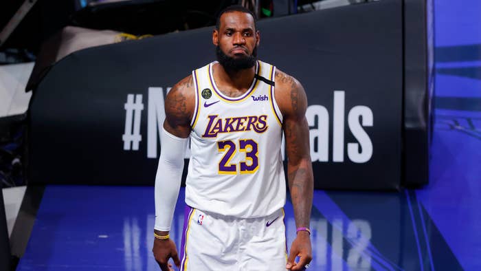 LeBron James #23 of the Los Angeles Lakers reacts after being fouled.