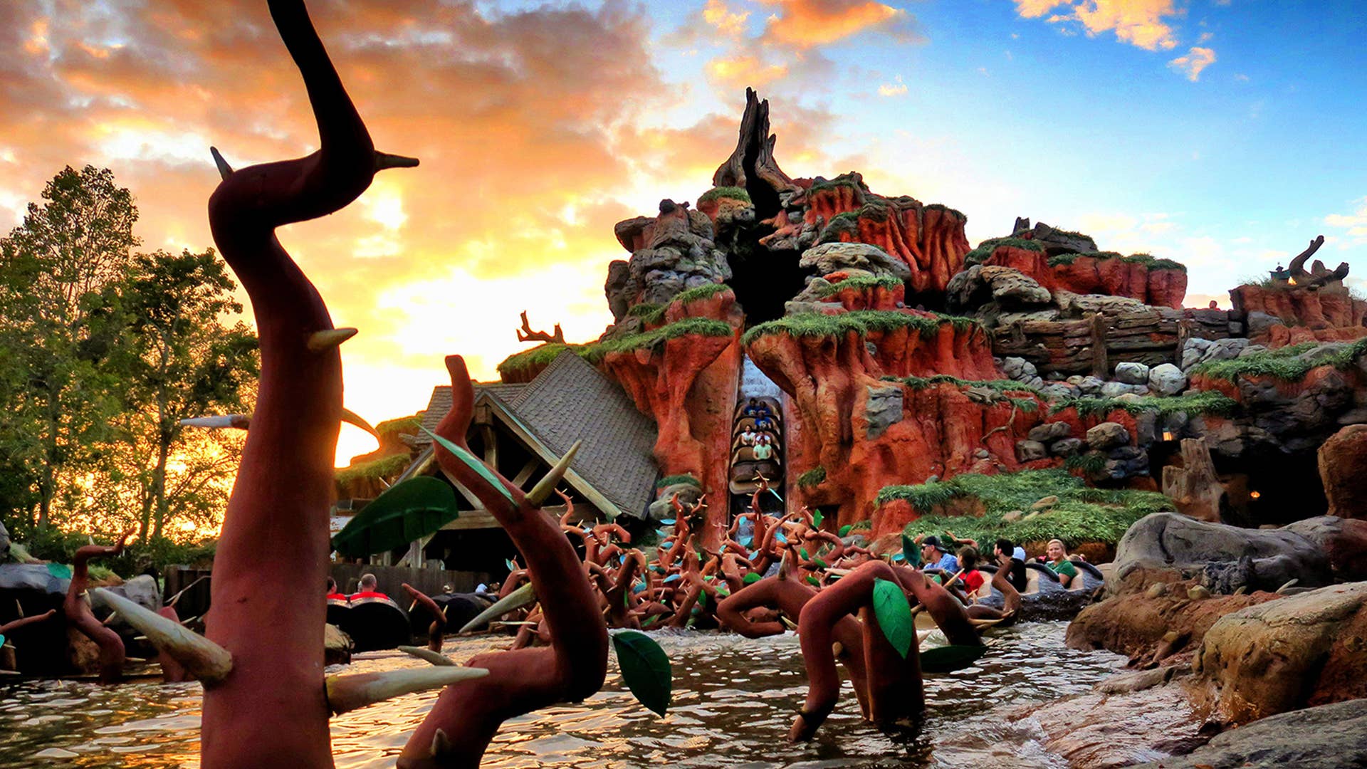 The sun sets on Splash Mountain in the Magic Kingdom at Walt Disney World, Thursday, Dec. 7, 2022.