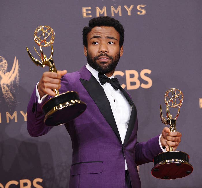 Donald Glover poses in the press room at the 69th annual Primetime Emmy Awards