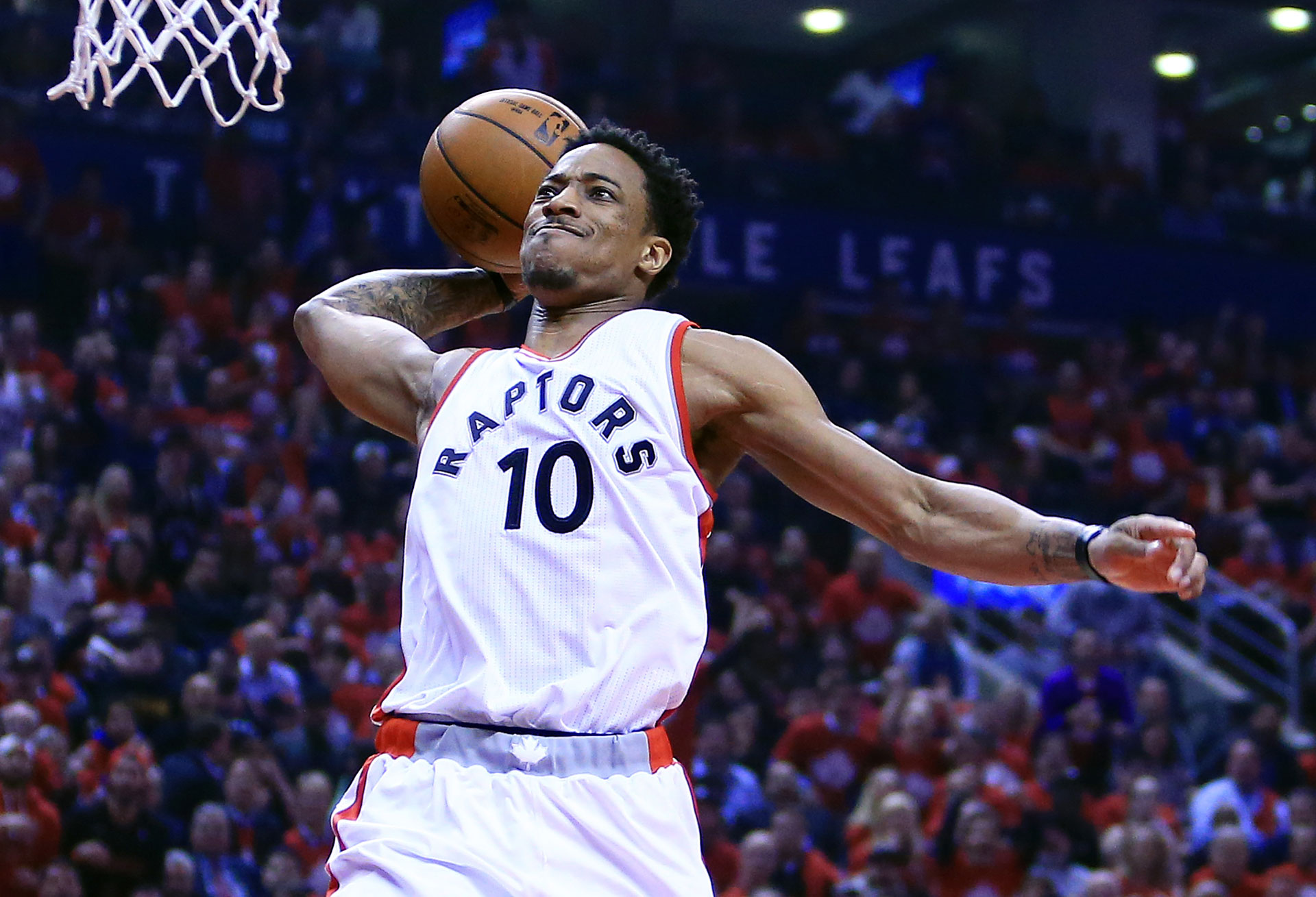 DeMar DeRozan #10 of the Toronto Raptors dunks the ball in the first half of Game Five of the Eastern Conference Quarterfinals