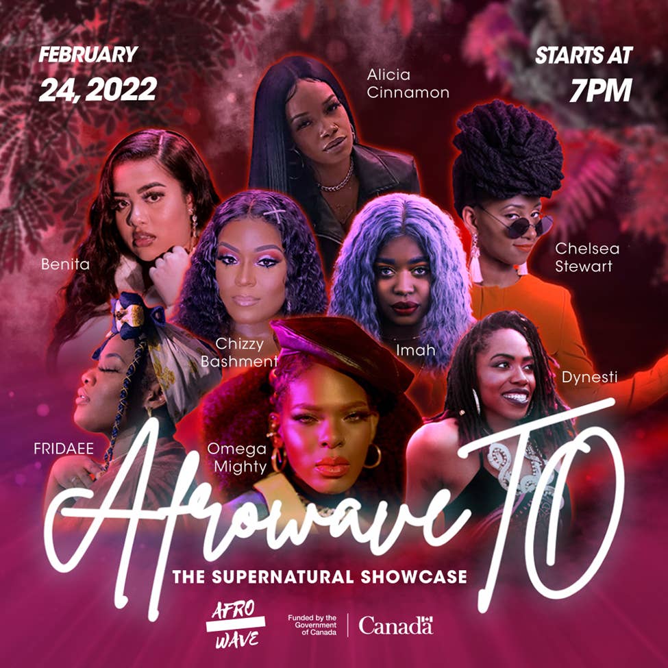 A poster for the AFROWAVETO Supernatural Showcase event, featuring the 8 artists performing the event.