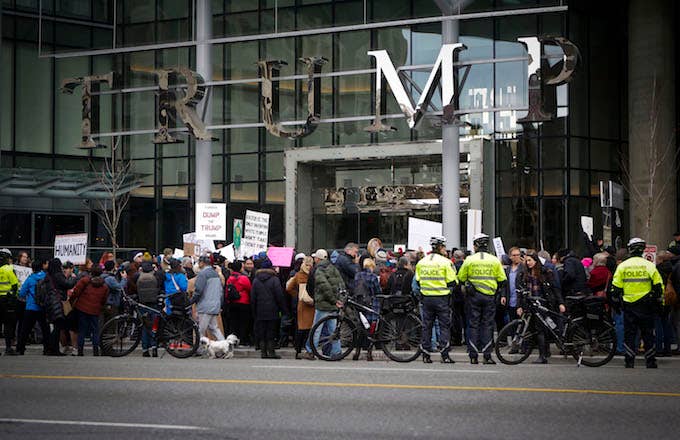 A protest outside a Trump building in Vancouver.