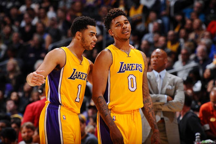 Nick Young and D&#x27;Angelo Russell during a Lakers game in 2016