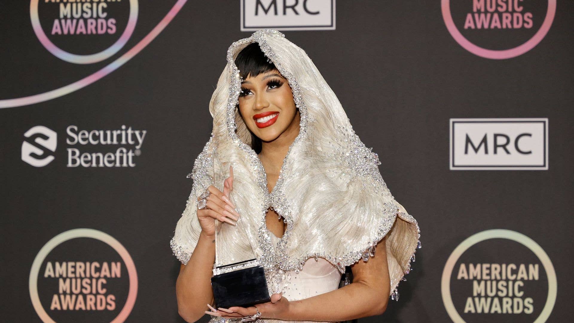 Cardi B, winner of the Favorite Hip-Hop Song award, poses in the Press Room at the 2021 American Music Awards