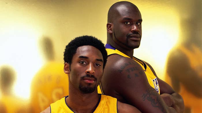 Kobe Bryant #8 and Shaquille O&#x27;Neal #34 of the Los Angeles Lakers