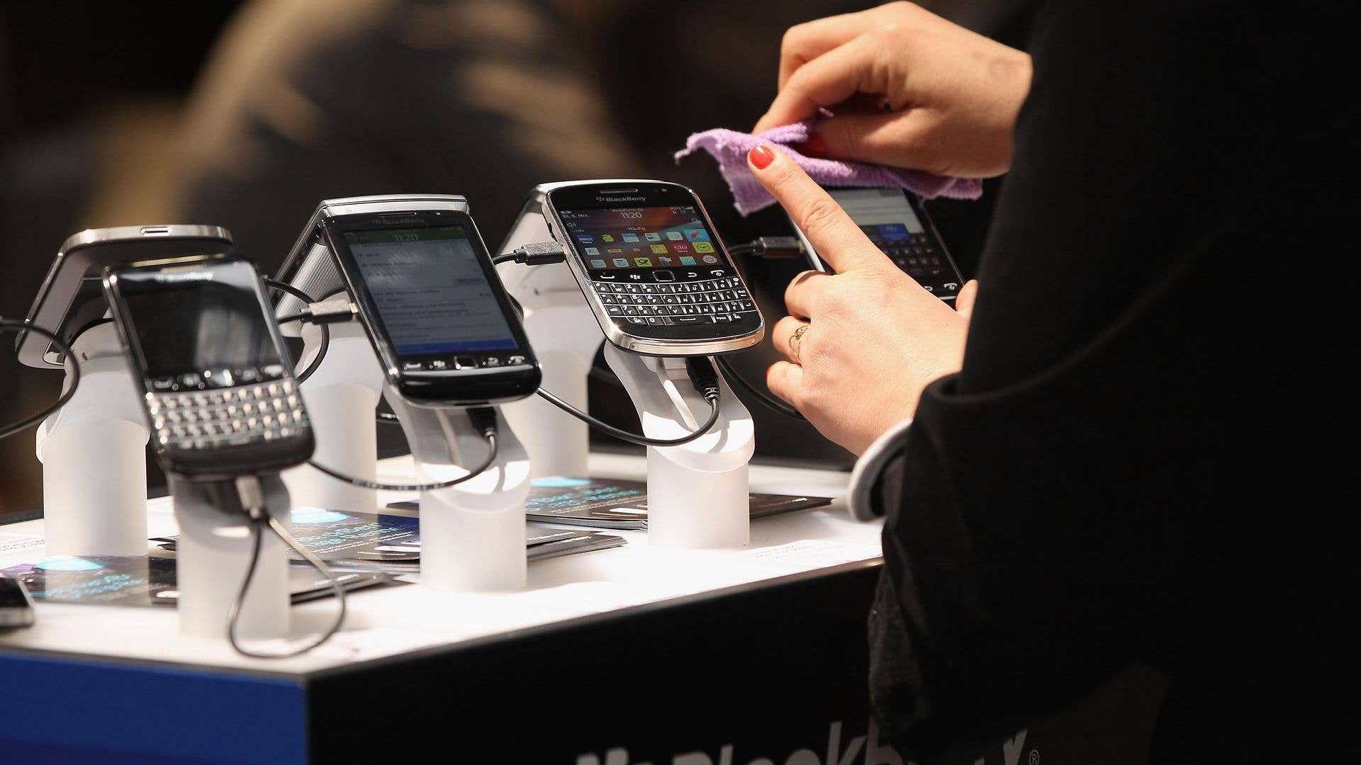 BlackBerry phones on display at CeBIT 2012 technology trade fair