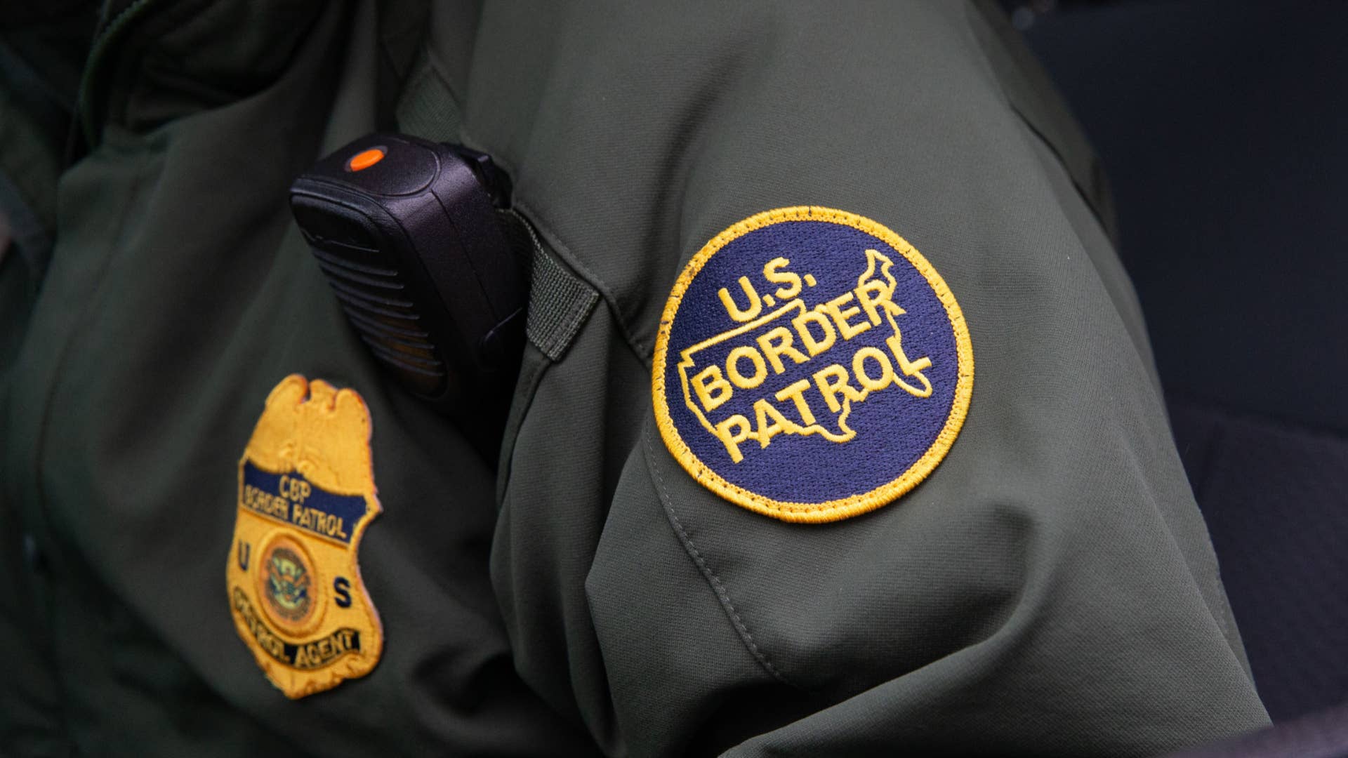 This photo shows US Border Patrol patch on a border agent's uniform in McAllen, Texas.