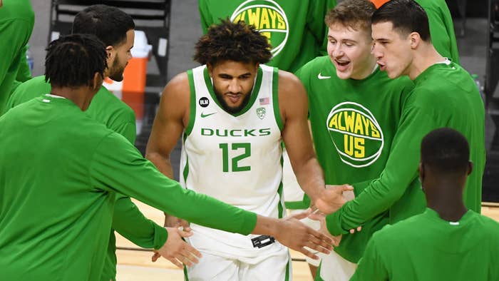 LJ Figueroa #12 of the Oregon Ducks is introduced before a game