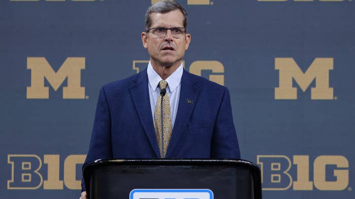 Head coach Jim Harbaugh of the Michigan Wolverines speaks during the 2022 Big Ten Conference Football Media Day