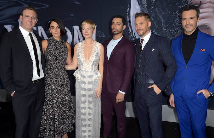 Jenny Slate, Michelle Williams, Riz Ahmed, Tom Hardy, and Reid Scott attend 'Venom' premiere.