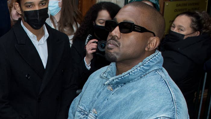 Ye is pictured in a denim fit