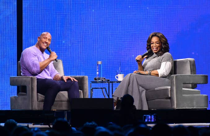 Dwayne Johnson and Oprah Winfrey onstage