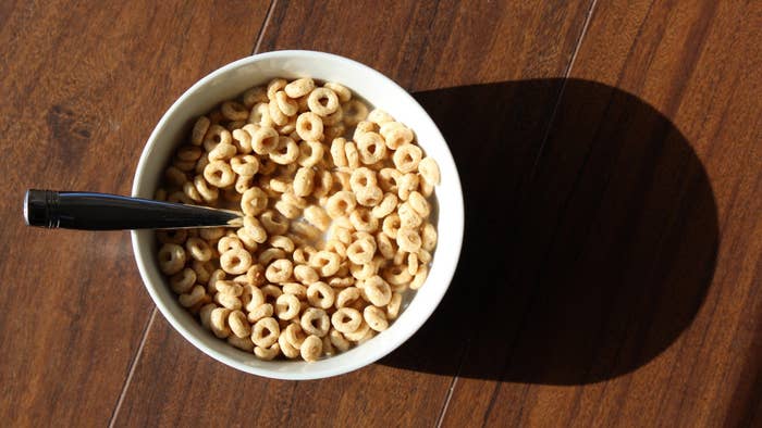 A photograph of a bowl of cereal