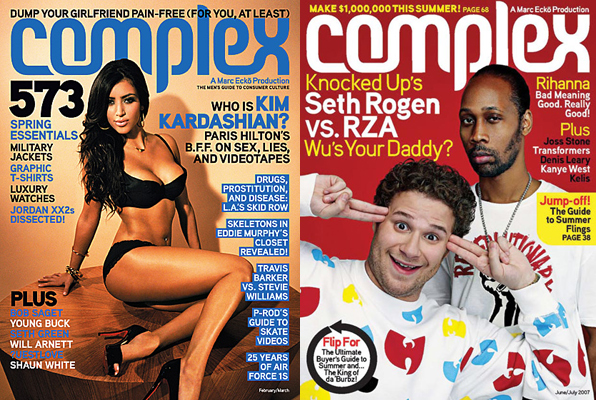 2 Complex Magazine Covers side by side, Kim Kardashian on the right, on the left Seth Rogen &amp; RZA from Wu-Tang