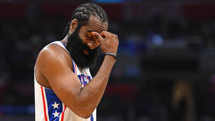 James Harden reacts to a timeout during a NBA game.