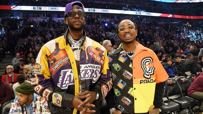 2 Chainz (L) and Quavo attend the 69th NBA All Star Game
