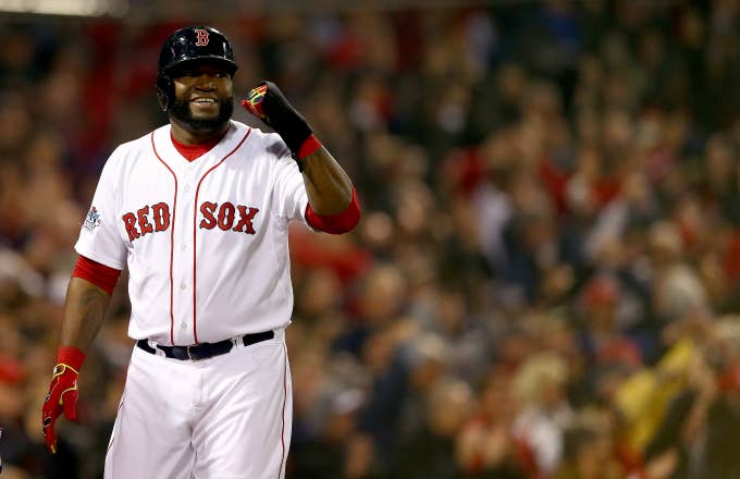 David Ortiz #34 of the Boston Red Sox celebrates after scoring in the third inning