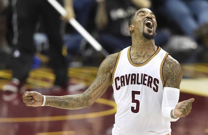 J.R. Smith celebrates on court during game.