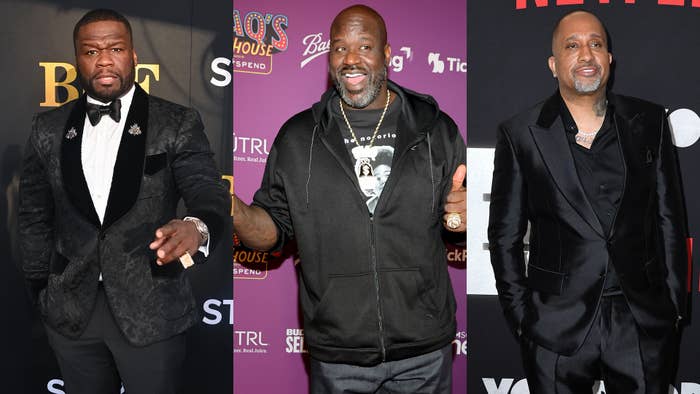 Rapper and producer 50 Cent, former NBA star Shaquille O&#x27;Neal, and producer director Kenya Barris