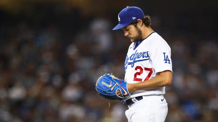 Trevor Bauer #27 of the Los Angeles Dodgers pitches