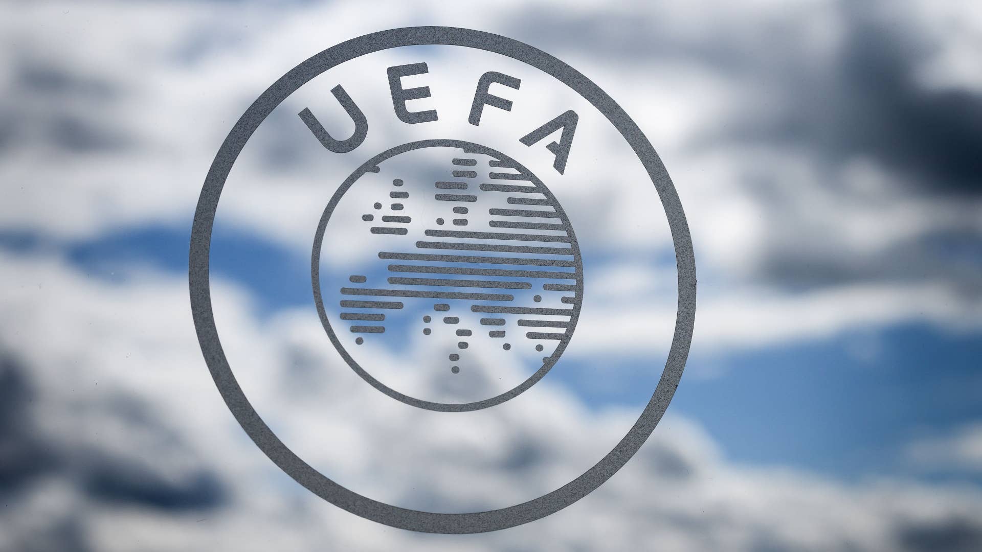 The UEFA logo is seen during the draw for the semi-finals round of the UEFA Champions League.