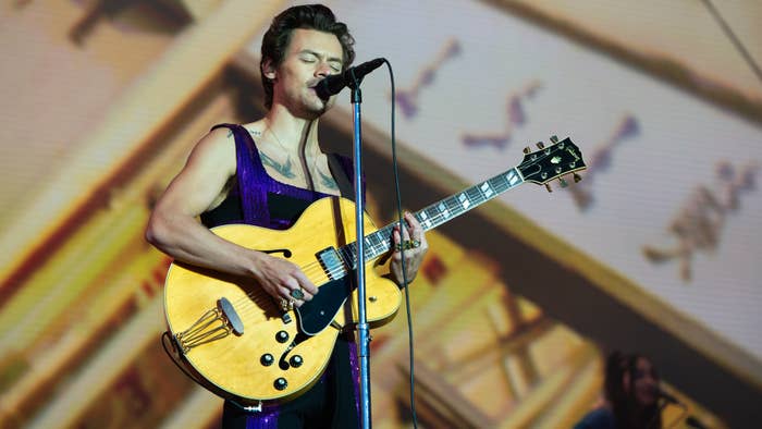 Harry Styles is pictured holding a guitar and singing